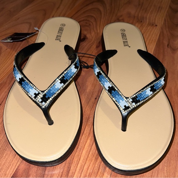 Blue and Black beaded and rhinestone embellished Flip Flops Sandals - Picture 1 of 11